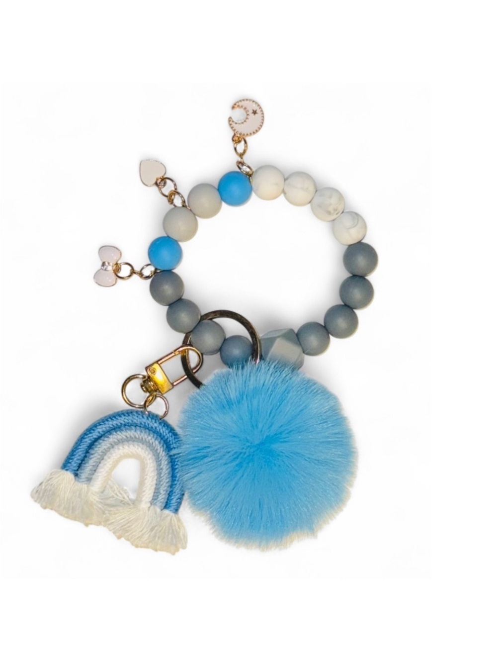Beaded Blue Ombre Pom Pom & Rainbow Keychain Bracelet